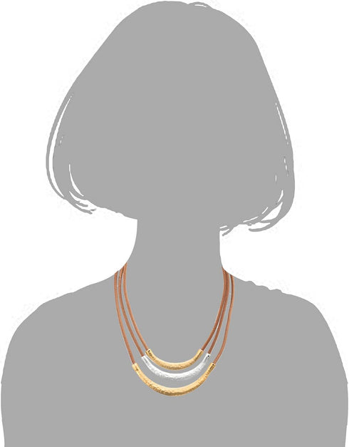 COOLSTEELANDBEYOND Three-Row Brown Leather Choker Collar Statement Necklace with Gold Grey Silver Textured Metal Charms...