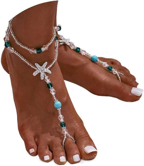 Turquoise Barefoot Sandals Starfish Beaded Ankle Chain Layered Pearl Toe Ring Foot Chain for Women(2PCS)...