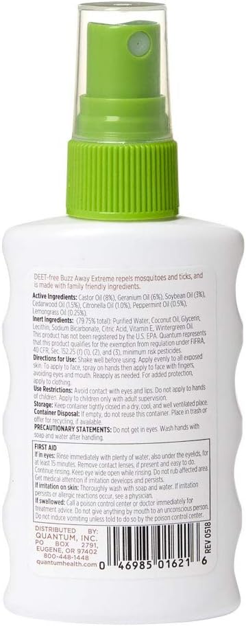 Quantum Health Buzz Away Extreme Insect Repellent|DEET Free Spray|Repels Mosquitos and Ticks|Formulated with Powerful Combo of Essential Oils|Safe...