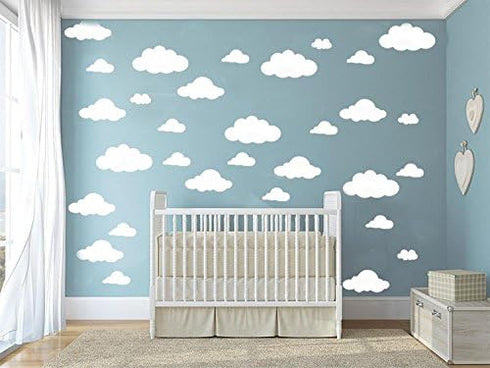 31pcs White Cloud Wall Decals – Mixed Sizes 4-10in Floating Vinyl Stickers for Baby Nursery, Kids Bedroom, Ceiling or Playroom – Removable DIY Hom...