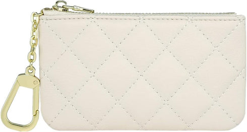 Premium Genuine Full Grain Leather Mini Coin Purse Keychain Pouch Card Holder for Men Women (Beige Quilted - LG)...