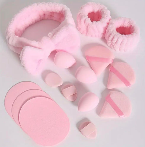 15 Pieces Set Dual-use Makeup Tool Set For Facial Cleansing With Sponges For Wet and Dry Use, Powder Puffs, Sponges, Beauty Blenders, and Towel Ha...