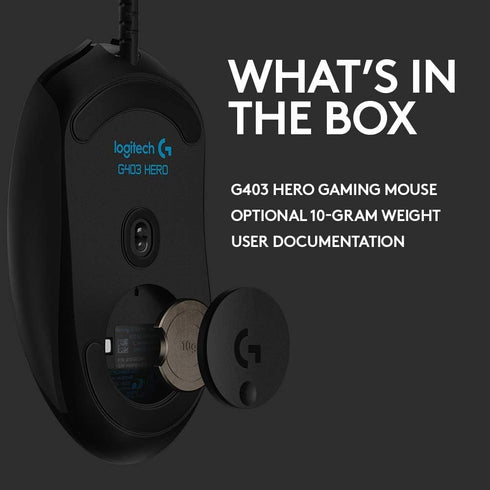Logitech G403 Hero 25K Gaming Mouse, Lightsync RGB, Lightweight 87G+10G optional, Braided Cable, 25, 600 DPI, Rubber Side Grips, Black...