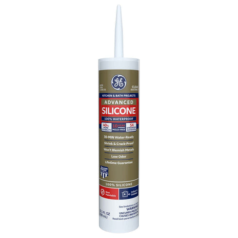 GE Advanced Silicone Caulk for Kitchen & Bathroom - 100% Waterproof Silicone Sealant, 5X Stronger Adhesion, Shrink & Crack Proof - 10 oz Cartridge...