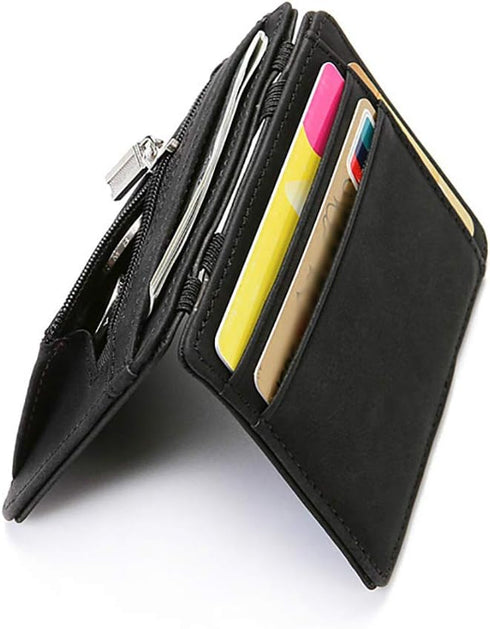 Fida&Moon ultra-thin minimalist men's magic wallet men's PU leather zipper coin purse bag plastic credit card bank card holder...