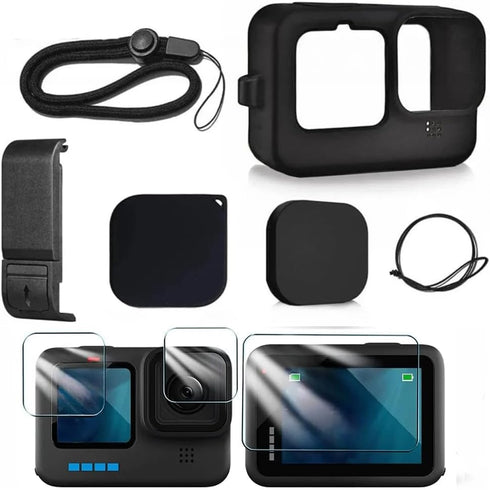 Silicone Case for GoPro Hero 12 11 10 9 Black Tempered Glass Screen Protector Protective Film Lens Cap Cover for Go Pro 12 case (Black)...