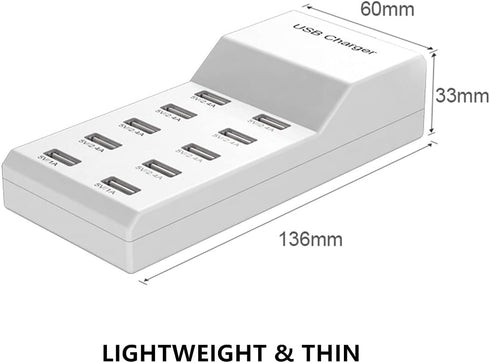 USB Wall Charger 60W USB Charging Station for Multiple Devices Smart Charging Power Hub for Multiple Devices 10 Port Desktop Charger Charging Stat...