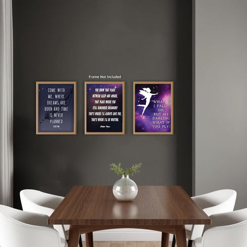Posterizer 3 pcs-Purple Girly Peter Pan, Fairies Cartoon Quotes-Kids Room Art-Quotes- Decor for nursery toddlers kids room- unframed wall art...
