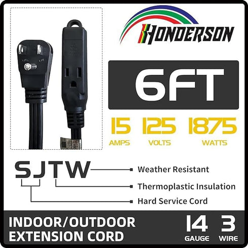 HONDERONS 6FT 3 Outlets Black Extension Cord with Flat Plug, 14/3 SPT-3 Extension Cable 3 Prong Grounded, Durable Power Cable for Home, Office...