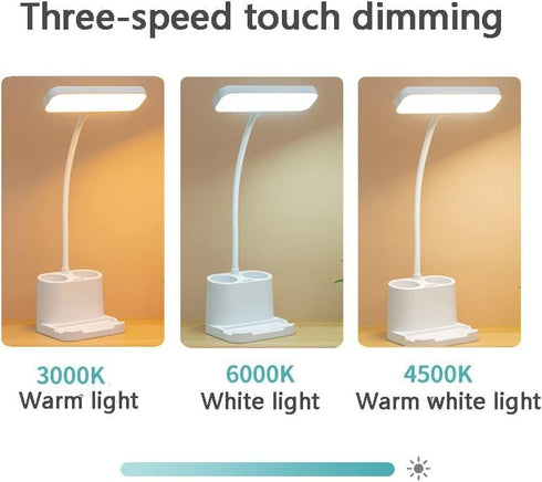 Adjustable Gooseneck Reading Lamp with Pen Holder/Phone Holder?Home Office Desk Lamp with Touch Control? 3 Color Modes,Stepless Dimming, Rechargea...