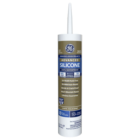 GE Advanced Silicone Caulk for Window & Door - 100% Waterproof Silicone Sealant, 5X Stronger Adhesion, Shrink & Crack Proof - 10 oz Cartridge, Whi...