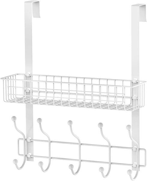 Coat Rack, Over The Door Hanger with Mesh Basket, Detachable Storage Shelf for Towels, Hats, Handbags, Coats (White)...