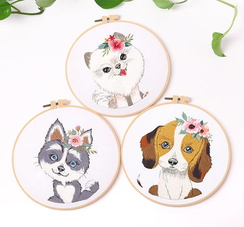 Zcargel Embroidery Starter Kit, Beginner Embroidery Material Set Dogs Pattern Embroidery Cloth 20cm Embroidery Hoops Needle Thread DIY Embroidery ...