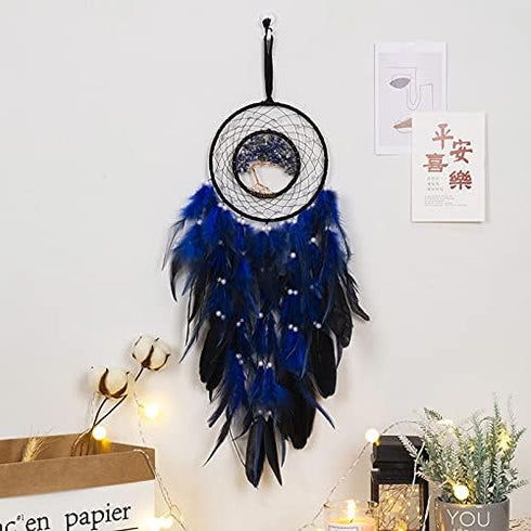 Dreamlike Deep Blue Tree of Life Dream Catcher Wall Decor with Healing Crystal Stone Handmade Feather Dream Catchers Decoration Wall Hanging for G...