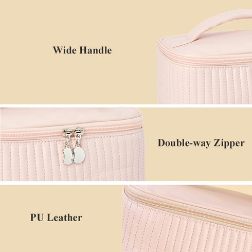 Makeup Bag, Travel Cosmetic Bag with Brush Organizer, Top Handle Makeup Case, Double-way Zipper Beauty Bag for Skincare Products and Cosmetics, Pi...