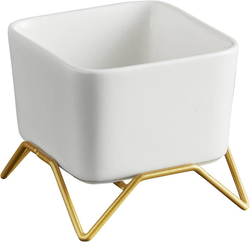 47th & Main Sleek & Modern Square Ceramic Planter with Gold Metal Footed Stand for Succulents Flowers and More, Small, White...