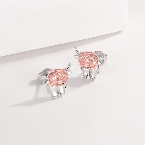 Highland Cow Stud Earrings for Womens 925 Sterling Silver Western Cow Earring Rose Gold Cow Jewelry Animal Earrings Gifts for Women Scottish Highl...