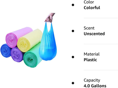 100 Count 4 Gallon Trash Bags, Small Colorful Garbage Bags with Handle for Home Office Bathroom Trash Can...