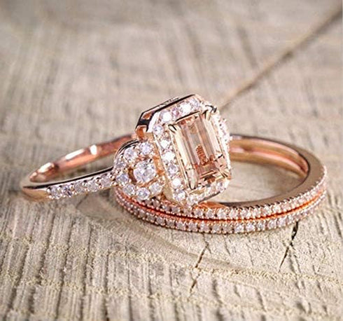 18k Rose Gold Plated Ring Set with Micro-Set Engagement Ring Women (7)...