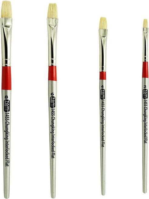 ZEM Brush Chungking Deluxe White Hog Bristle Interlocked Flat Artist Brush Set Sizes 2,4,6,8...