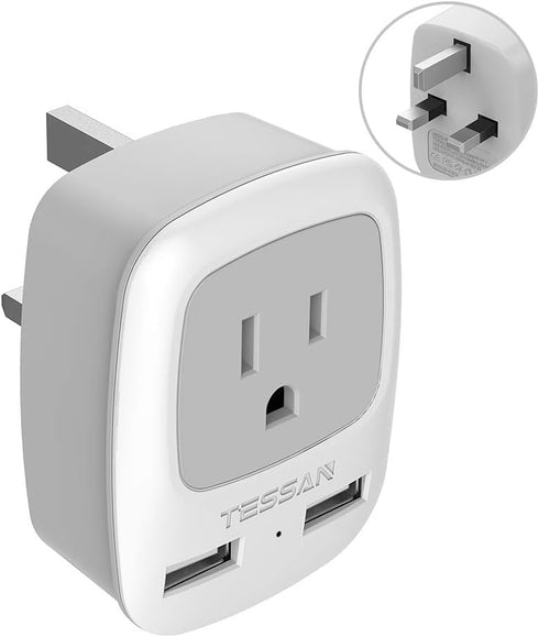 TESSAN UK Ireland Hong Kong Power Adapter, International Travel Plug with 2 USB, Type G Converter Outlet Adaptor Charger for USA to British Englan...