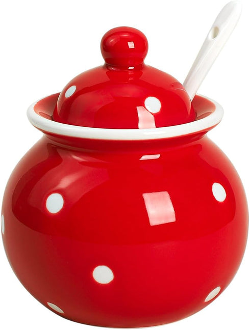 123Arts Ceramics Dot Sugar Salt Pepper Storage Jar Seasoning Pot with Lid And Spoon...