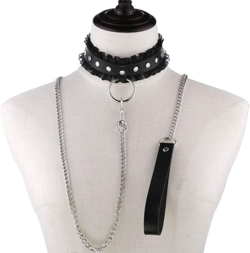 Multicolor PU Simulated Leather Silvert-Tone Rivets O Ring Lace Collar Choker Necklace with Detachable Chain Leash...