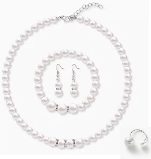 Tatibana 4 Pcs Pearl Jewelry Set 1920s Costume Jewelry Pearl Necklaces Pearl Hoop Earring Pearl Bracelet Pearl Ring for Women Wedding Jewelry Sets...