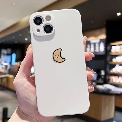 Casechics Compatible with iPhone Case,Silicone Cute Couple Matching Cartoon Sun Moon Camera Lens Protection Soft Shockproof Cover Phone Case (Whit...