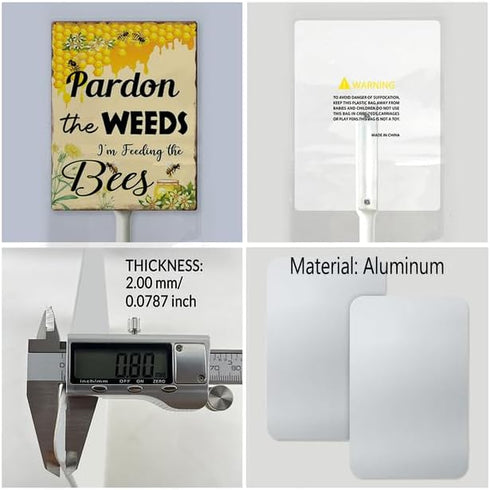 Bee Sign Pardon The Weeds I'm Feeding The Bees Signs Bee Yard Sign with Stakes 8in×12in, Pollinator Garden Sign Bee Decorations,Sturdy Aluminum La...