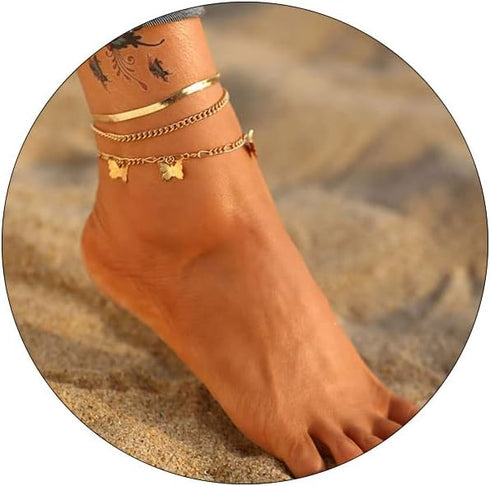 3Pcs Cuban Link Ankle Bracelet Set for Women Gold Plated Stainless Steel Butterfly Snake Chain Anklets Layered Butterfly Chain Anklet for Summer B...