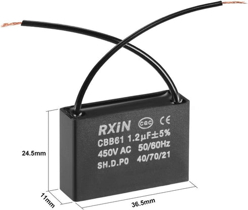 uxcell Ceiling Fan Capacitor CBB61 1.2uF 450V AC 2 Wires Metalized Polypropylene Film Capacitors 36.5x11x24.5mm for Water Pump Motor Generator, Pa...
