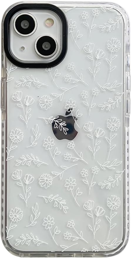 Cute White Flower Phone Case Compatible with iPhone 15 Protective Cover Fashion Silicone Shockproof Bumper Cases Women for Apple iPhone 15 6.1 inc...