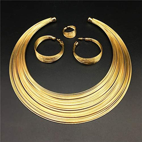 deladola African Choker Necklace Sets Multi-Layer Hoop Gold Plated Bib Choker Earring Bracelet Ring Statement Necklaces for Women and Girls...