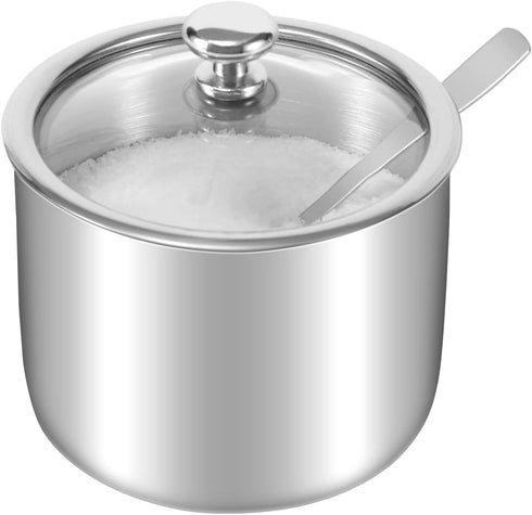 Stainless Steel Sugar Bowl with Clear Lid(for better recognition) and Spoon, Polished Shiny Condiment Pots for Serving Sugar Pepper Salt Spice- 10...