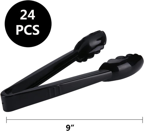 24 Pieces Plastic Salad Tongs, Black Kitchen Serving Tongs, 9 Inch Disposable Utensils Set, Heavy Duty Scalloped, Perfect for Buffets and BBQ, Foo...