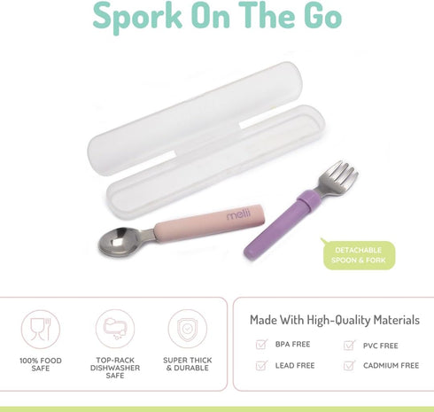 melii Spork On The Go - Travel Utensils for Babies and Toddlers - Detachable Fork and Spoon with Carrying Case - Pink & Purple...