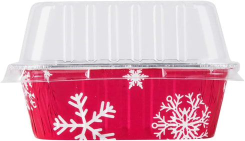 KitchenDance Disposable Aluminum Holiday 1 Lb Mini Loaf Pan with Clear Snap on Lid - 15 Ounces Aluminum Foil Pan for Baking, 9302X, (Red & Silver,...