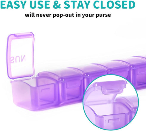 2 Packs Small Weekly Pill Organizer,Pocket Daily Pill Case Pill Box for Pills/Vitamin/Fish Oil/Supplements (Purple)...