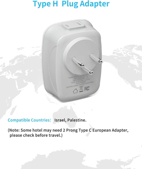 Israel Power Adapter, VINTAR Israel Plug Adapter with 1 USB C,3 USB Ports and 2 American Outlets,6 in 1 Type H Travel Adapter for US to Israel, Je...