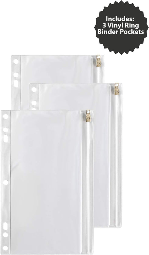 3 Ring Binder, 1 Inch, Round Rings, Hold Up to 175 Sheets with 3 Vinyl Ring Binder Pockets Pencil Pouches with Zip Closure - Value Set (White)...