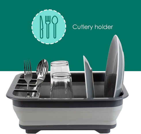 Home Basics Silicone and Plastic Easy Storage Collapsible Dish Rack with Cutlery Holder (Grey)...