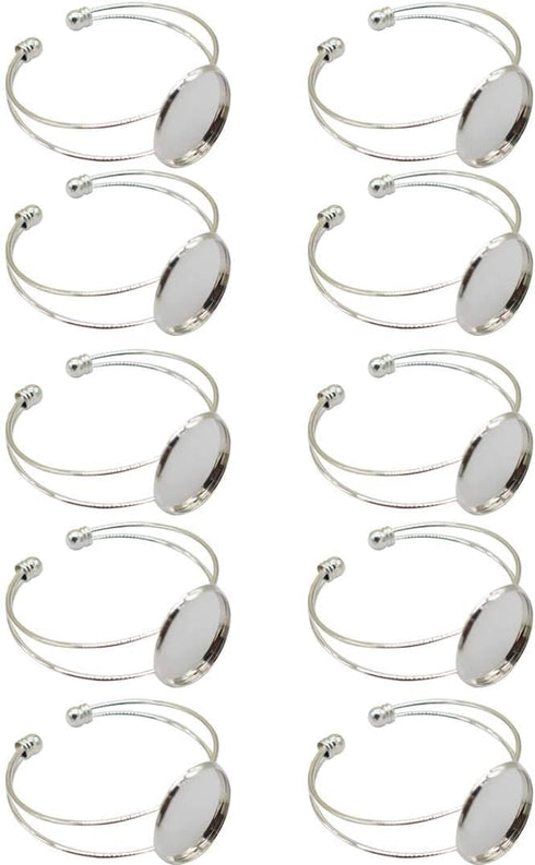 MIAO JIN 10 Pcs 25 mm Adjustable Round Cabochon Bezel Tray Blank Bangle for Crafting DIY Bracelets Making(Silver)...