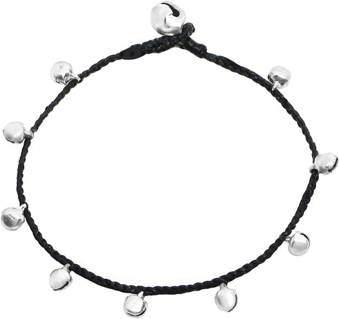 Handmade Silver-Tone Tiny Bells Black Cord Station Anklet Bracelet 10 Inches (AkSP12)...
