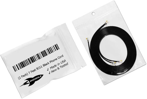 AmzDeals 2-Pack 7 Feet Black Telephone Cable 6P4C RJ11 Male to Male, Made in USA Pro Grade Phone Line Cord...