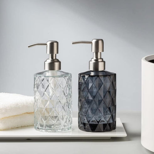 Easy Tang Glass Soap Dispenser Bathroom Kitchen 12 Oz Crystal Design with Silver Pump, Refillable Liquid Soap Dispenser (Green)...