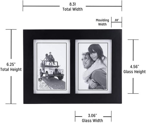 Malden 673-35SD Double 3.5x5 Picture Frame - Wide Real Wood Molding, Real Glass - Black...
