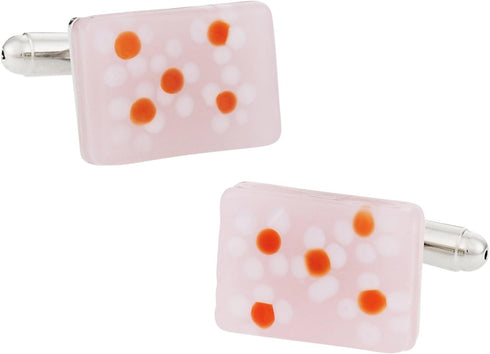 Pink Glass Cufflinks with Painted Flowers with Presentation Box...