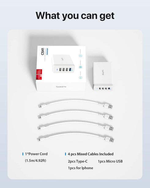 SooPii 40W USB Charging Station,4 Port USB Charger Station with One Port QC 3.0 for Multiple Devices,4 Mixed Charging Cables Included,Compatible w...