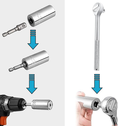 Universal Socket Tool, Tools for Men with Power Drill Adapter 1/4""-3/4"" (7mm-19mm) Socket wrench -2Pc Set for Daily Maintenance, Home Renovation...